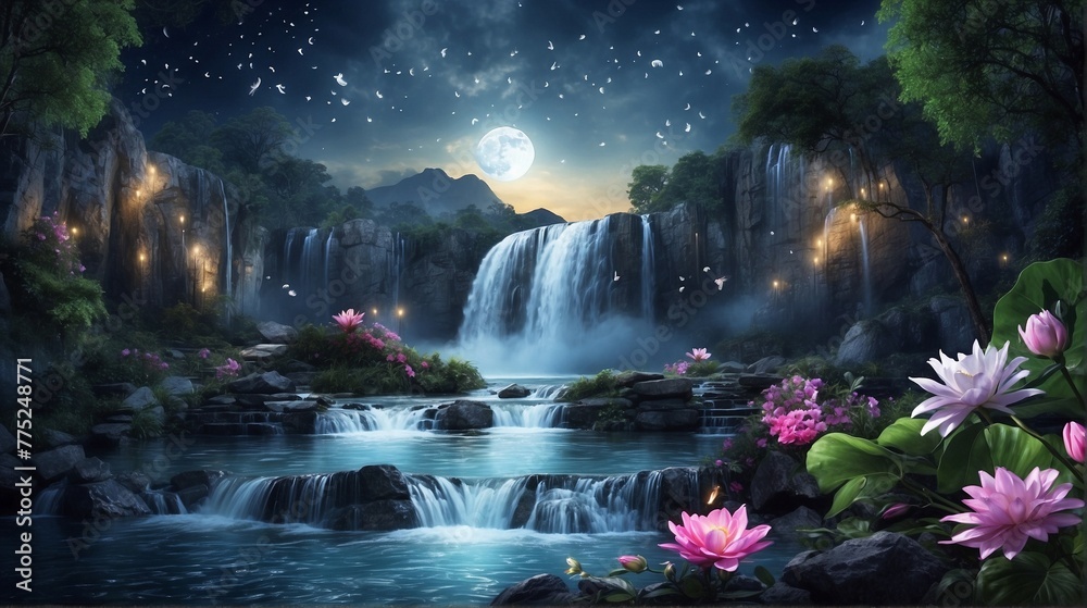 Digital Illustration of Exotic Waterfalls in The Forest at Night Views 