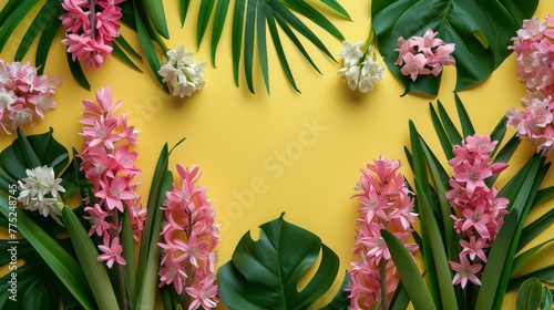 Group of Pink and White Flowers Against Yellow Wall
