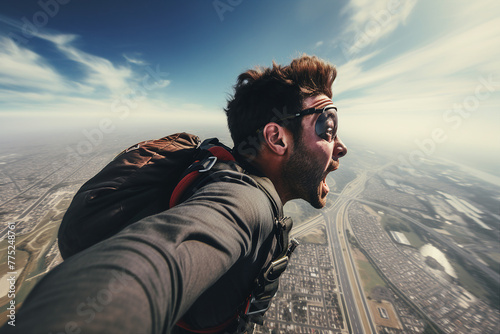 AI generated image of skydiver instructor flying in blue sky enjoy free fall