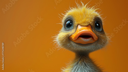 Cute duckling with expressive eyes on orange background