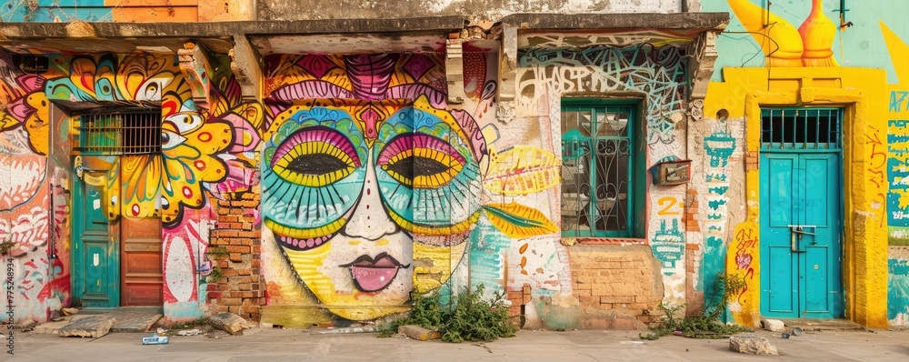 Fototapeta premium Vibrant, wide-angle shot of a colorful mural covering the entire side of a building, depicting artistic faces and abstract elements.