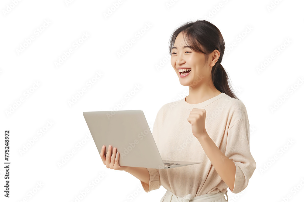 A young Asian woman stands holding a laptop with an expression of joy isolated on transparent background A young Asian woman stands holding a laptop with an expression of joy isolated on transparent background
