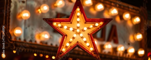 Illuminated marquee star with light bulbs against a blurred background