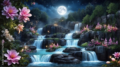 Digital Illustration of Exotic Waterfalls in The Forest at Night Views  © z4bl3nk