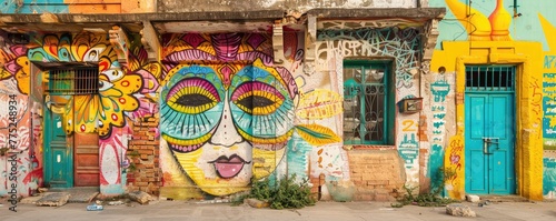 Vibrant, wide-angle shot of a colorful mural covering the entire side of a building, depicting artistic faces and abstract elements.