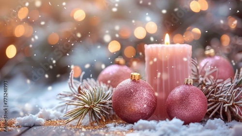 Candle and Ornaments in Snow