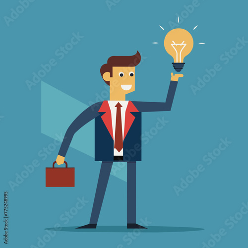 Happy businessman with a lightbulb finding solution, Сreativity and innovation concept vector illustration