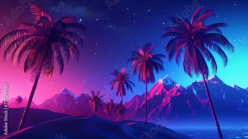 Tropical beach with palm trees at night