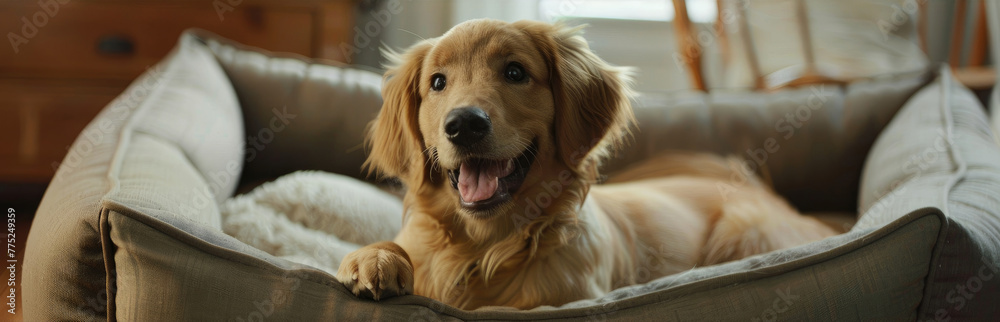 An adorable dog lies comfortably in a snug dog bed, emphasizing the pet's relaxation and comfort An adorable dog lies comfortably in a snug dog bed, emphasizing the pet's relaxation and comfort