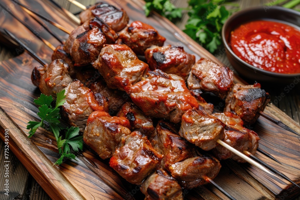 Juicy Shashlik Skewers with Red Sauce. Delicious Lamb Kebab on the Grill Juicy Shashlik Skewers with Red Sauce. Delicious Lamb Kebab on the Grill
