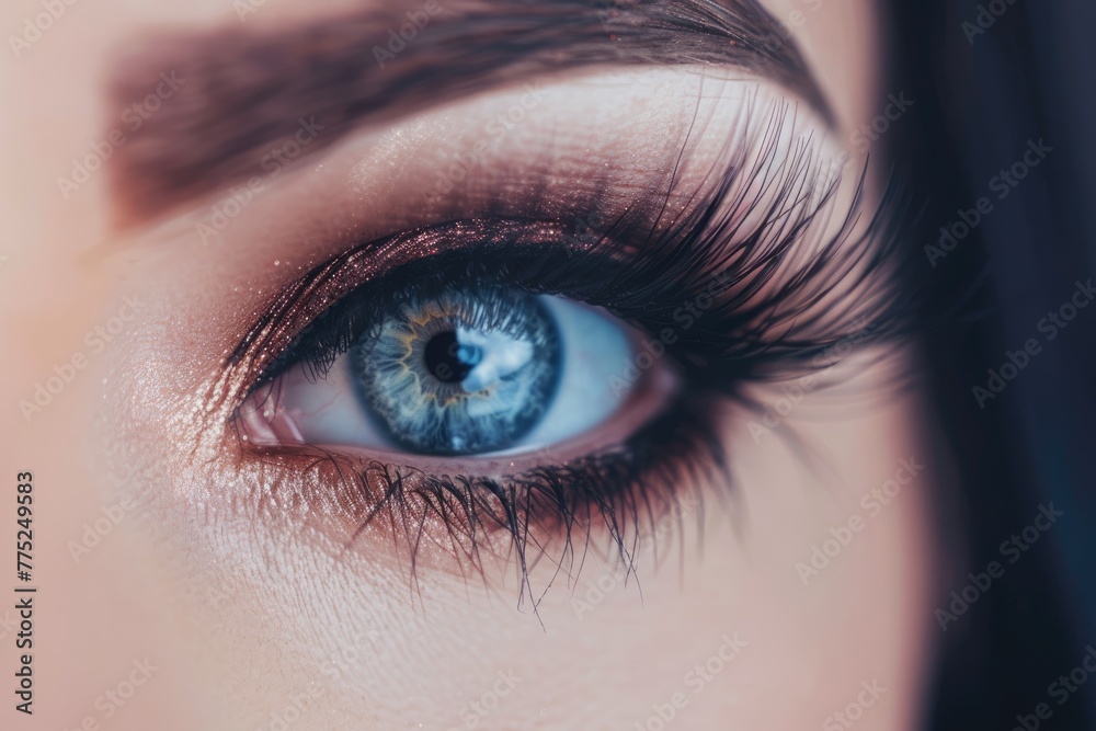 Obraz premium Long Lashes Perfection: Stunning Closeup of Beautiful Female Eye with Extreme Eyelash Length and Perfect Make-Up in Fashion