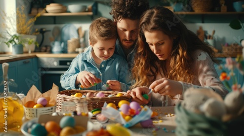 A family is sharing a fun cooking activity in the kitchen, decorating Easter eggs with their toddler. Its a mix of art and cuisine, creating lasting memories through food and creativity AIG42E
