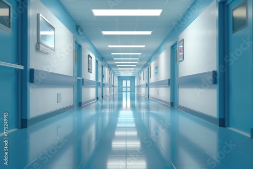 Modern Hospital Corridor with Medical Rooms. Clean and Health-Focused 3D Illustration