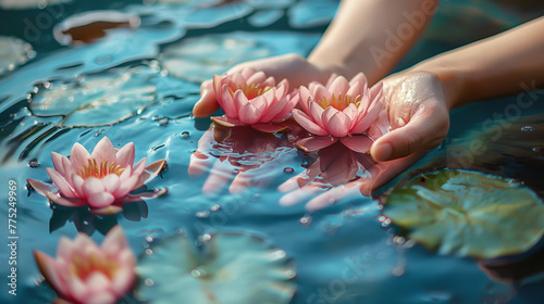 Female hands with lotus flowers in clear blue water. Physical and mental health and self care concept