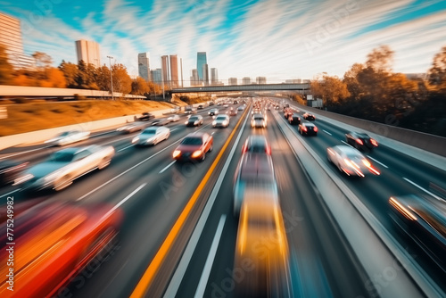 Blurred Motion: Aerial View of Highway with Cars Passing, City Skyline in Background, Capturing the Dynamic Urban Movement