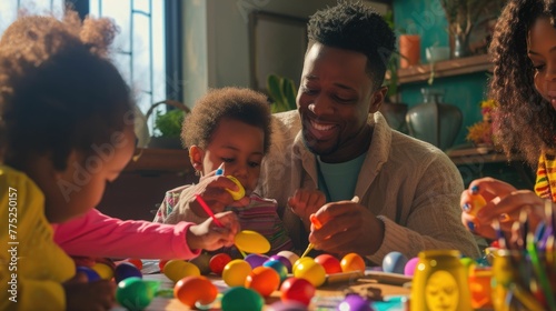 A group of children are gathered around a table, engaging in the leisure activity of decorating Easter eggs. This fun art event combines recreation, visual arts, and play in a circle of excitement