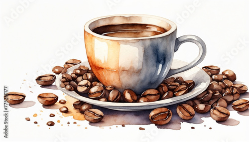 Watercolor hand drawn illustration of Cup of morning coffee