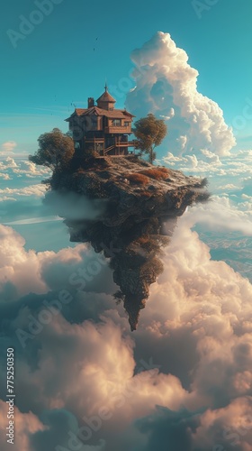 Floating island with a Victorian house above the clouds © LabirintStudio