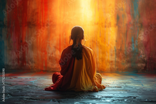 Buddhist sitting in meditation, with sun shining through wall behind him, spirituality one person buddhism woman