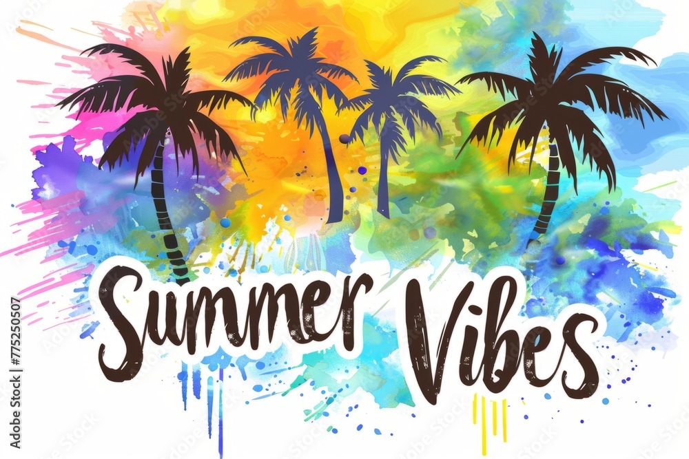 summer with palm trees and watercolor splash, colorful background text 