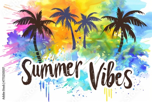 summer with palm trees and watercolor splash  colorful background text  Summer Vibes 