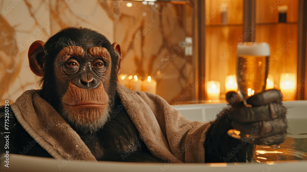 Chimpanzee in a bathtub with beer