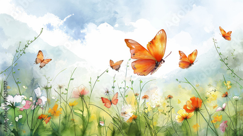 landscape of a flower meadow with butterflies on a bright sunny day, watercolor illustration © kazakova0684