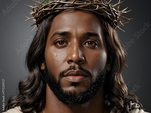 Portrait of black Jesus Christ with crown of thorns on his head. Photorealistic portrait. Close-up. © Anna