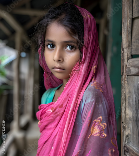 Portrait photographique d'une jeune fille bangladaise, tenue traditionnelle, hijab rose et bleu à fleurs photo