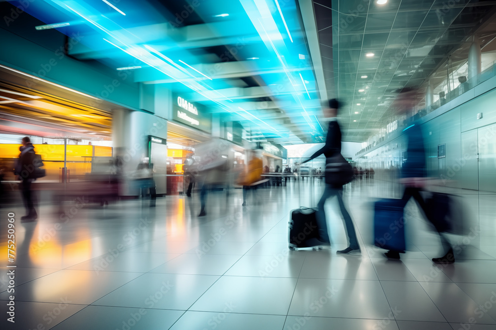 Blurred Motion: Interior of a Busy Airport, Capturing the Dynamic Activity of Travelers and Staff in Motion