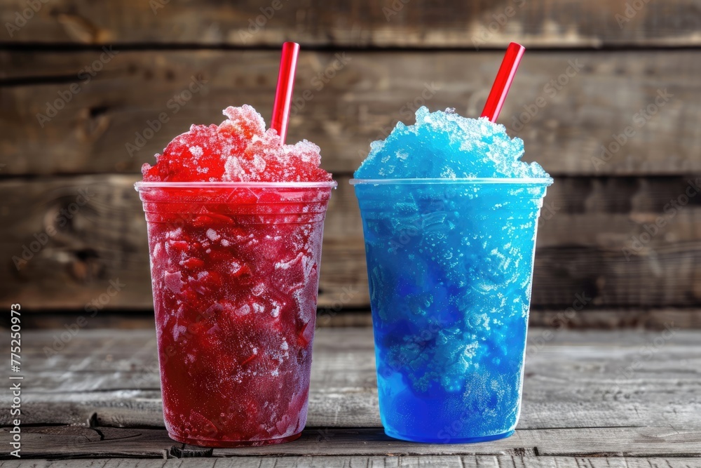 Refreshing Frozen Slushies in Red and Blue Colors - Perfect Beverage Cocktail for a Cold Dessert Treat in a Colorful Crushed Cup - obrazy, fototapety, plakaty 