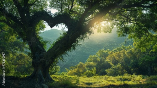 Heart-shaped tree with sunrise in the forest