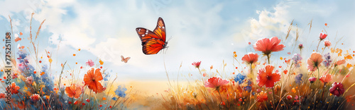 landscape of a flower meadow with butterflies on a bright sunny day, watercolor illustration