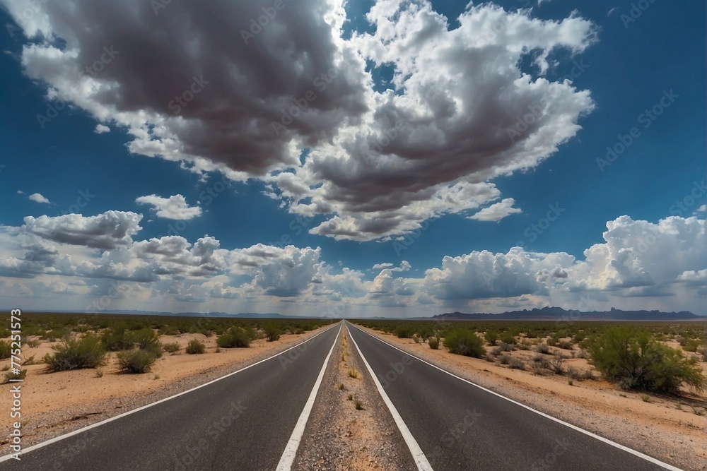 New Highway in the Desert with Rare Plants Against Bright Blue Sky and White Clouds