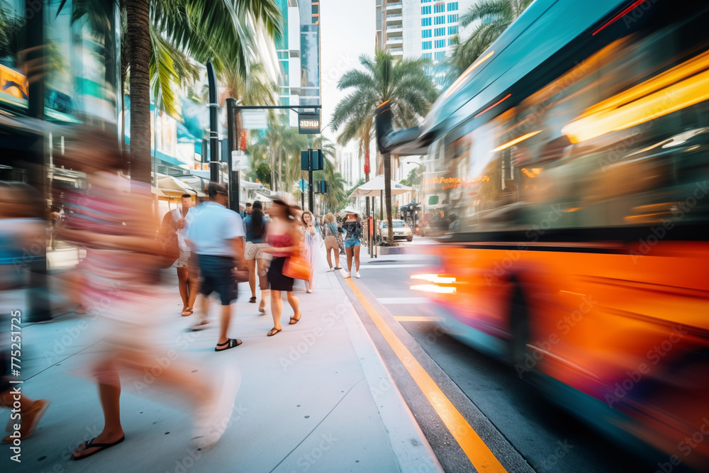 Fototapeta premium Blurred Motion: Bustling Scene in Miami with Sidewalks, Pedestrians, Bus, Palm Trees, and Shops, Capturing the Dynamic Energy of the City