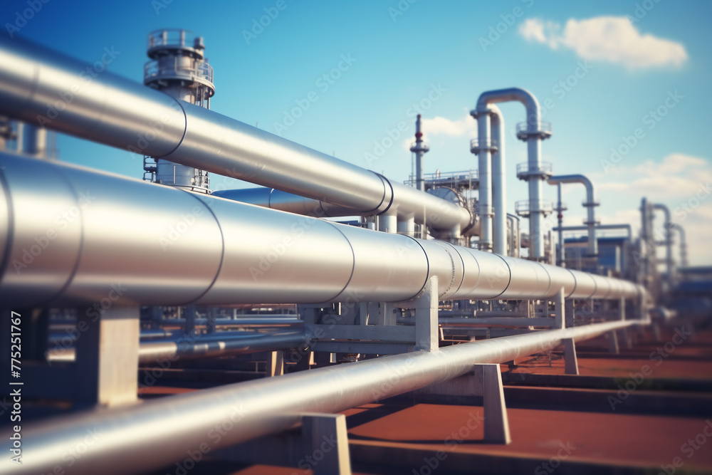 Close up of pipeline and pipe rack of industrial plant or industrial refinery factor with a cloudy sky at midday or noon; in the desert the future of energy Close up of pipeline and pipe rack of industrial plant or industrial refinery factor with a cloudy sky at midday or noon; in the desert the future of energy
