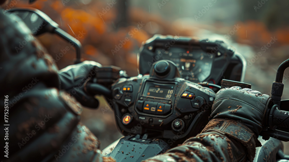 Close-up of hands on ATV controls. Close-up of hands on ATV controls.