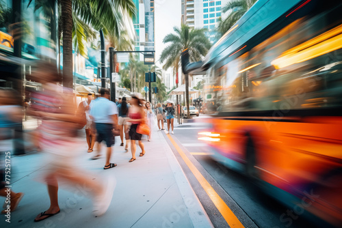 Blurred Motion: Bustling Scene in Miami with Sidewalks, Pedestrians, Bus, Palm Trees, and Shops, Capturing the Dynamic Energy of the City