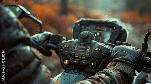 Close-up of hands on ATV controls.