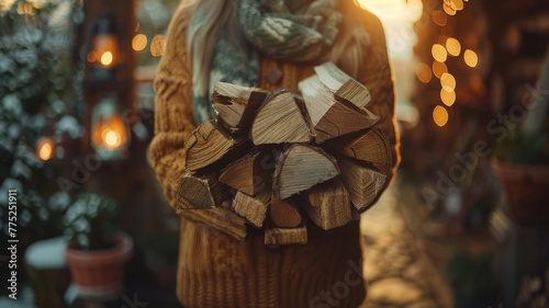 Woman holding a stack of firewood