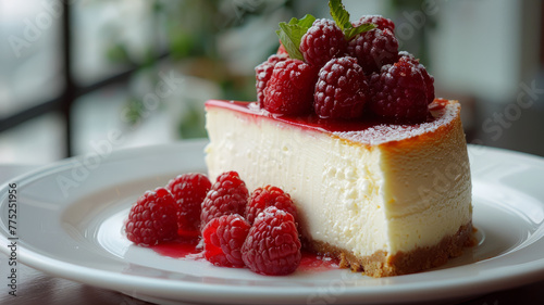 Cheesecake with raspberries on plate.