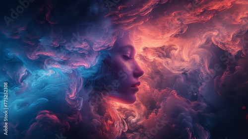 Surreal portrait of a woman with colorful nebula-like clouds
