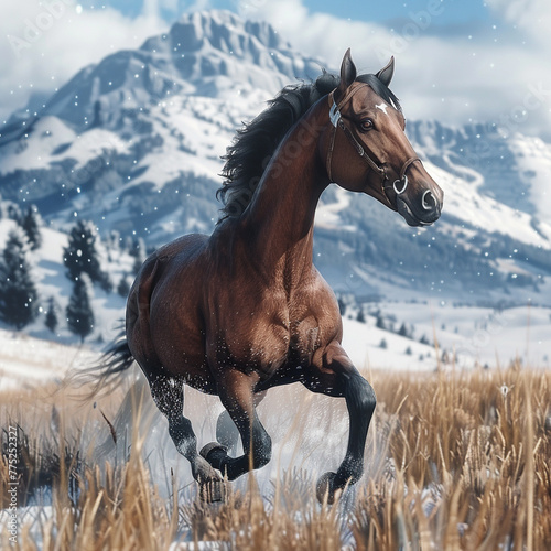 Majestic horse galloping through the fields. Image made by artificial intelligence.