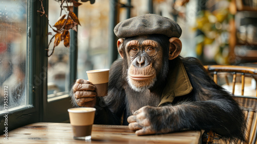 Chimpanzee dressed up, drinking coffee at cafe