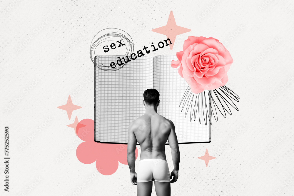 Composite photo collage of male muscular back panties sexy body open notepad flower rose sex education shape isolated on painted background - obrazy, fototapety, plakaty 