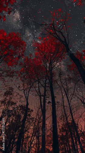 Enchanting night forest with red leaves under starry sky