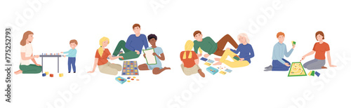 People Character Playing Board Games Spend Time Together Vector Set