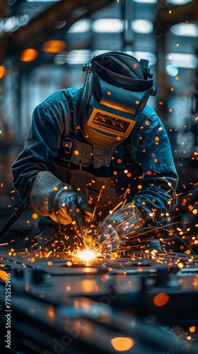 A skilled welder in protective gear is engrossed in welding metal, with bright sparks flying in an industrial environment.