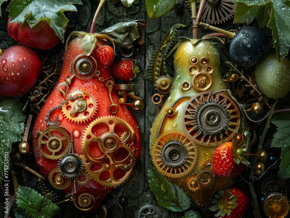 Intricate steampunk concept art blending organic fruits with mechanical gears and cogs, amidst foliage with dew, suggesting a fusion of