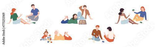 People Character Playing Board Games Spend Time Together Vector Set